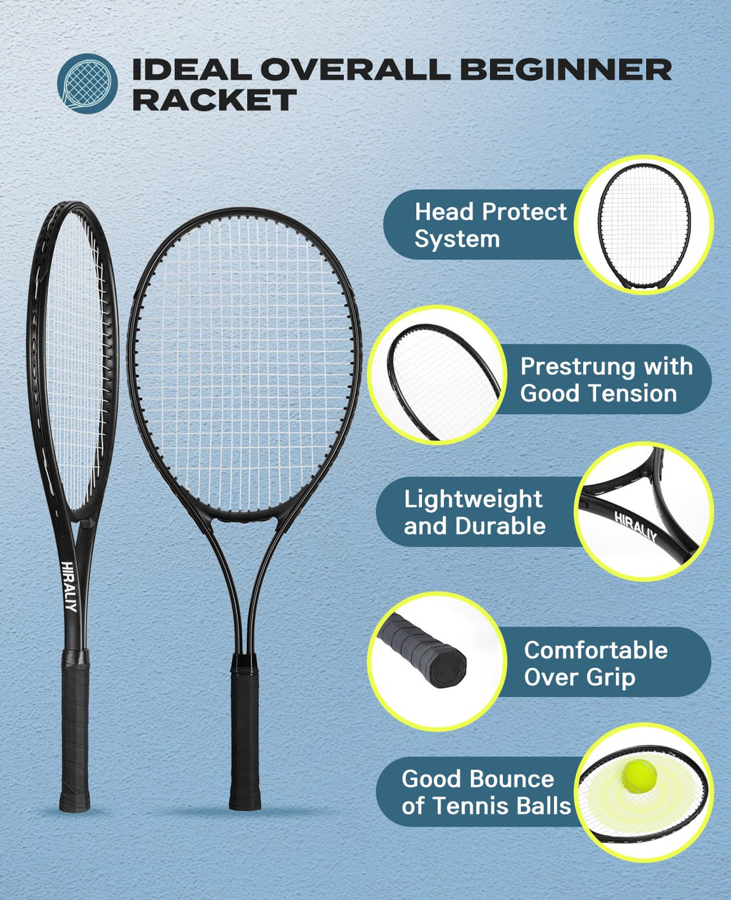 HIRALIY 27" Tennis Rackets Set of 2, 3 Tennis Balls, 2 Tennis Racquets, 2 Overgrip Tapes and 1 Carrying Bag Outdoor Recreational Sport Game