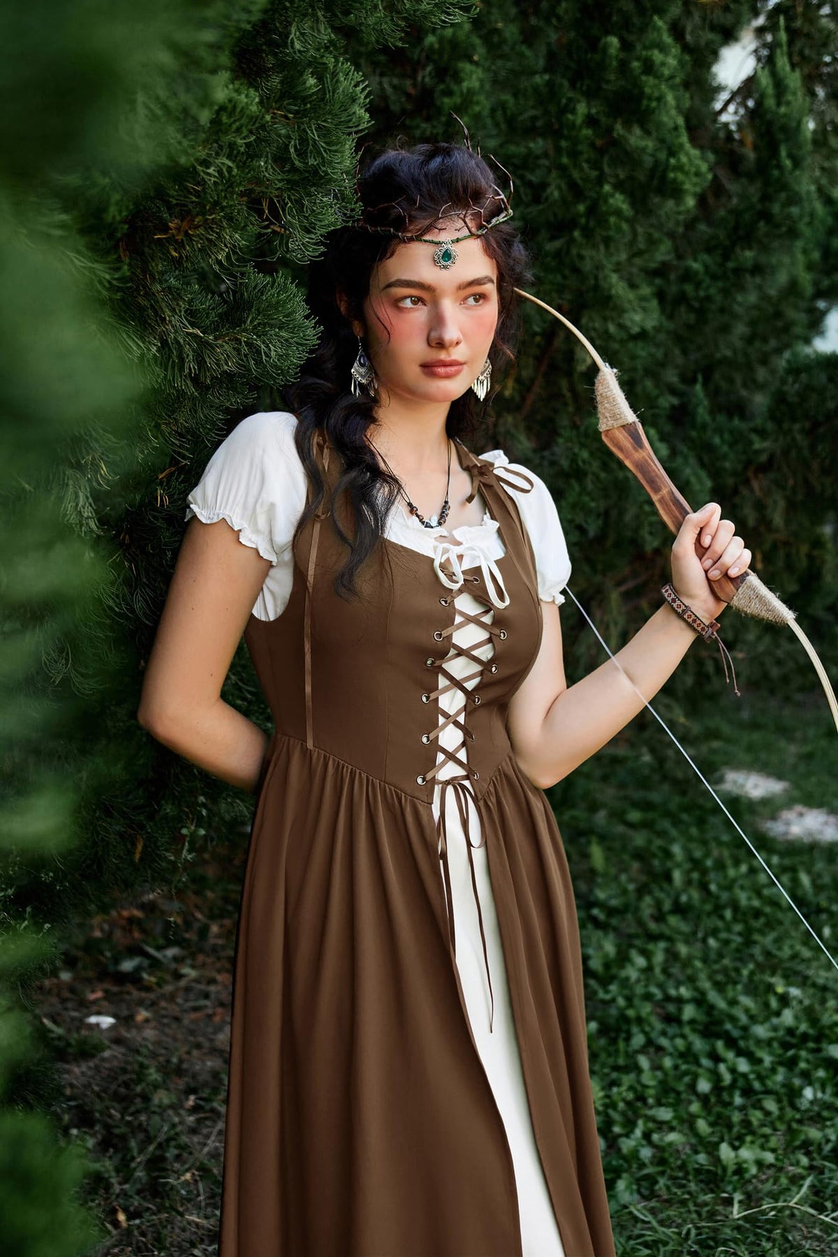 SCARLET DARKNESS Women 2Pcs Renaissance Maxi Dresses Off Shoulder Short Sleeve Lace-up Irish Costume with Over Dress