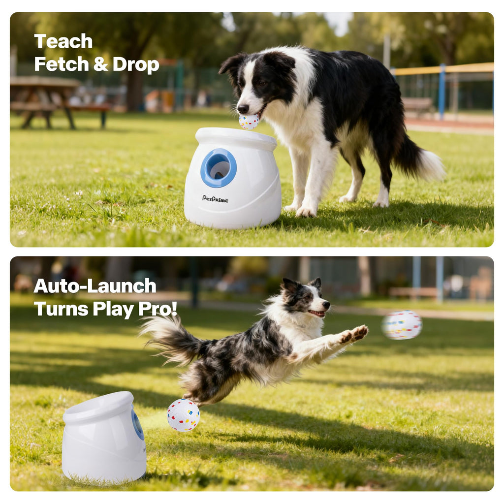 Pet Prime Automatic Dog Ball Launcher for Large Breed, Rechargeable Interactive Ball Thrower Toy with 10-40Ft, Fetch Machine with 6 Durable 2.5" Tennis Balls & Dog Whistle