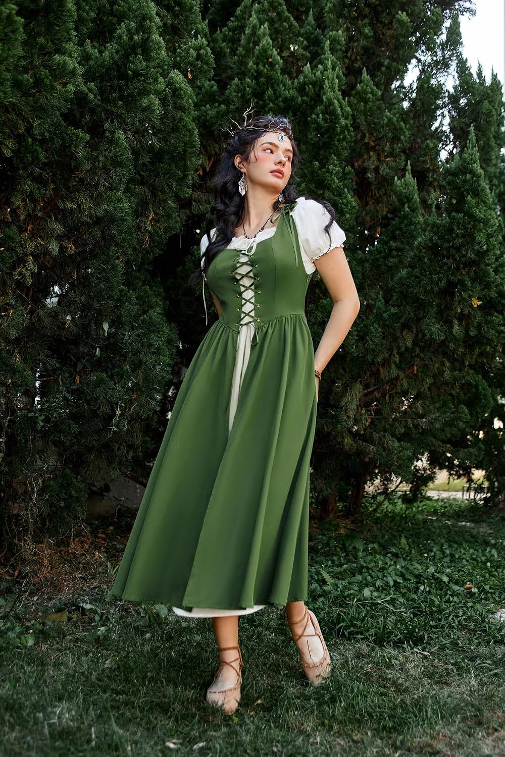 SCARLET DARKNESS Women 2Pcs Renaissance Maxi Dresses Off Shoulder Short Sleeve Lace-up Irish Costume with Over Dress
