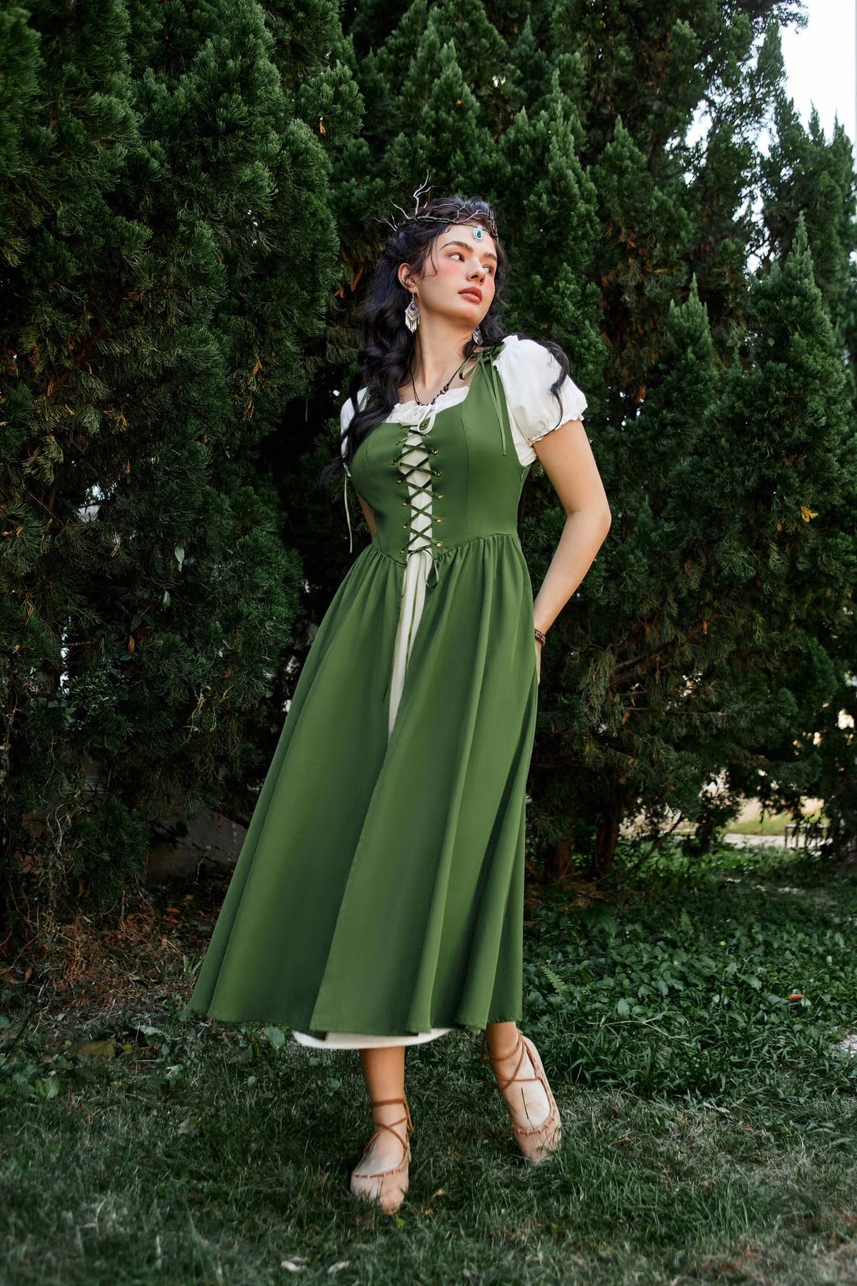 SCARLET DARKNESS Women 2Pcs Renaissance Maxi Dresses Off Shoulder Short Sleeve Lace-up Irish Costume with Over Dress