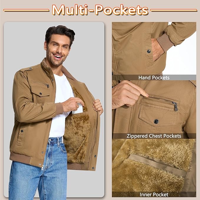 Mens Bomber Jacket Military Cargo Cotton Windbreaker Brown Size XL KEFITEVD