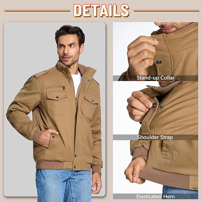 Mens Bomber Jacket Military Cargo Cotton Windbreaker Brown Size XL KEFITEVD