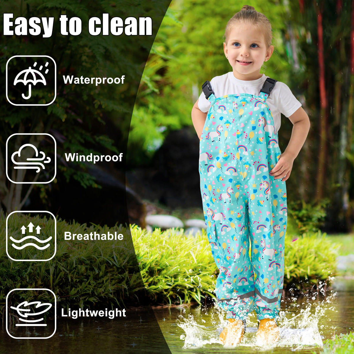 Kids Waterproof Trousers Boys Girls Rain Dungarees, 2-7 Years