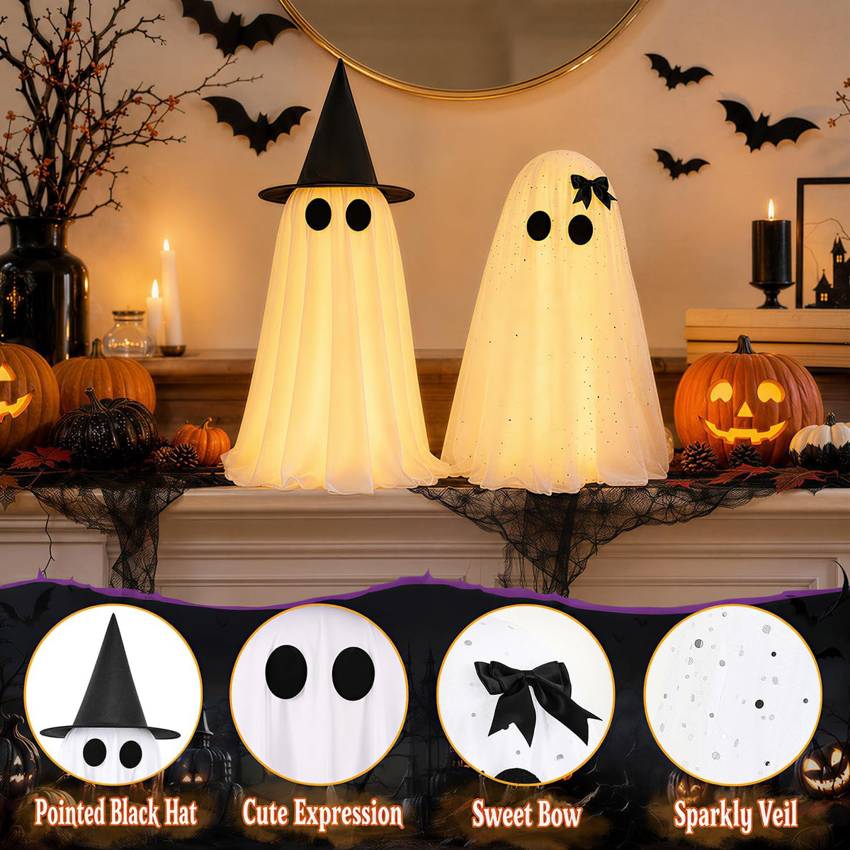 2 Pack Halloween Decorations Indoor & Outsoor, Spooky Light Up Ghost with Witch Hat, Glowing Ghost Table Decor with Sparkling Tulle & Elegant Bow, Halloween Decor for Table, Fireplace, Kitchen, Office