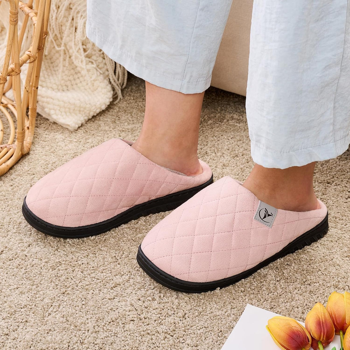 Mens Memory Foam Slippers Knitted Lining Non-Slip Indoor Outdoor Slippers