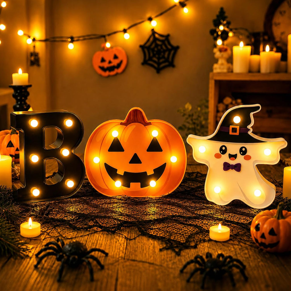 3 Pack 6.5 In Halloween Cute BOO Pumpkin Ghost Light up Letters Sign