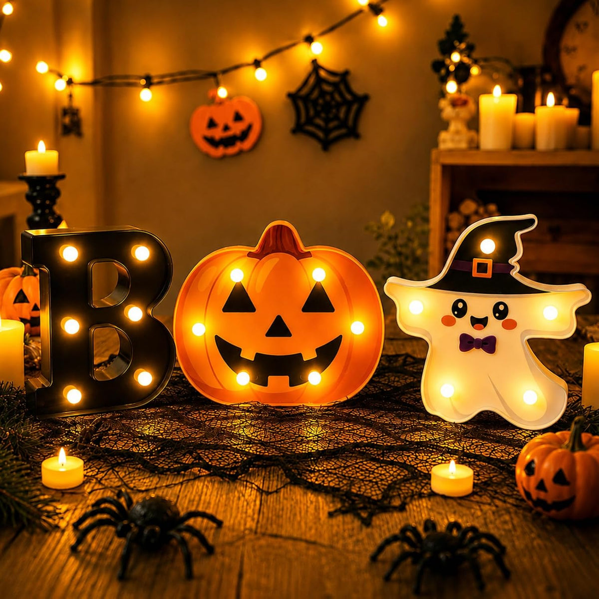 3 Pack 6.5 In Halloween Cute BOO Pumpkin Ghost Light up Letters Sign