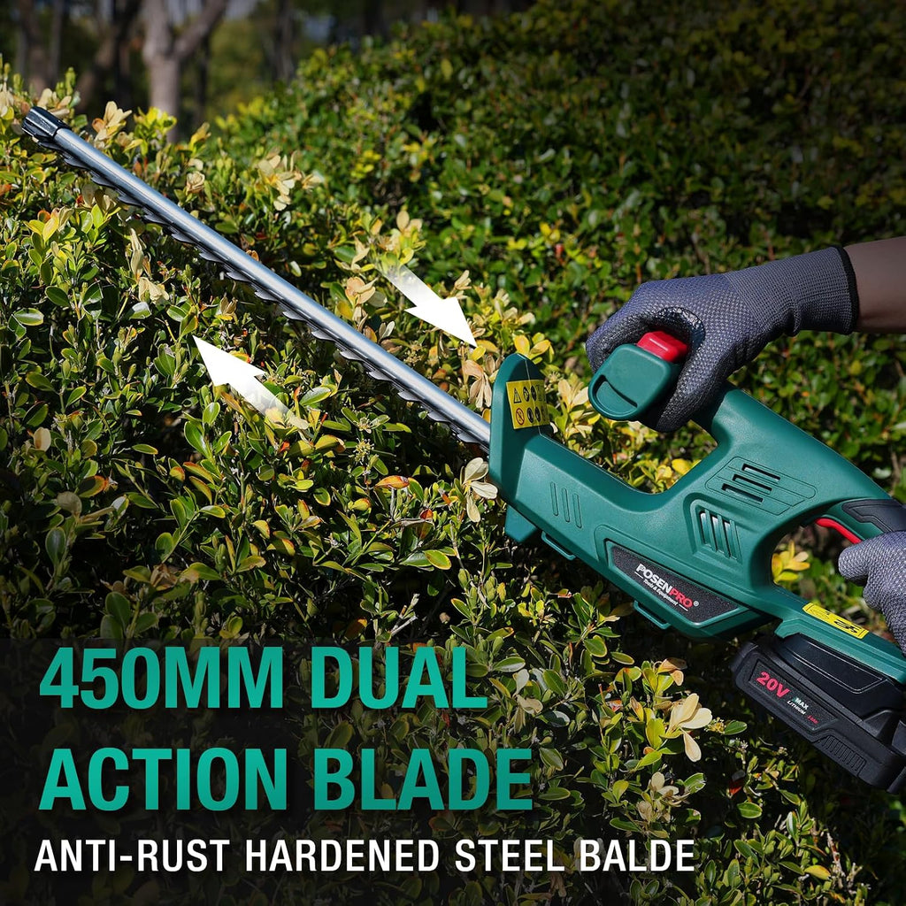 Cordless Hedge Trimmer 20V 450mm Dual Blade 14mm 2.0Ah Battery POSENPRO Cutter
