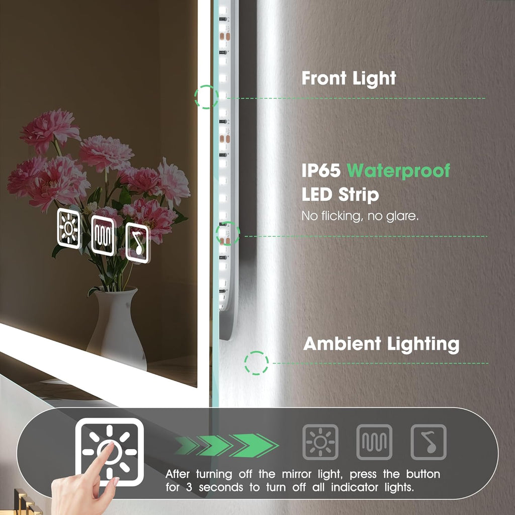LED Bathroom Mirror 100x70cm Bluetooth Speaker Anti Fog Dimmable Wall S'bagno