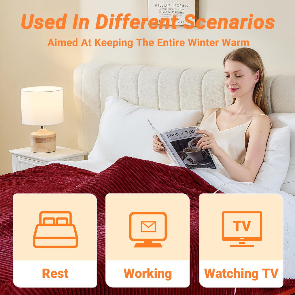 Heated Blanket Throw 130×160cm Electric Blanket, 10 Heating Settings, 1-8h Timer overheat Protection, Machine Washable, Flannel & Sherpa Full Body Warming, Electric Throw Blanket for Sofa