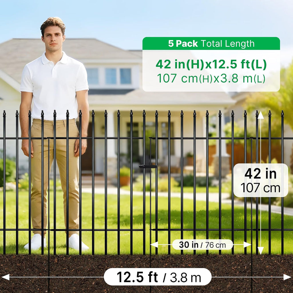 Metal Garden Fence 106cm Decorative 4 Panels 1 Gate Outdoor Animal Barrier Black