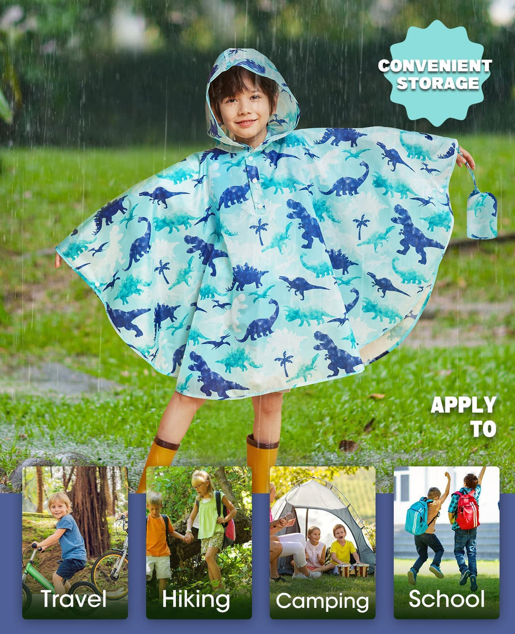 WAWSAM Kids Rain Poncho Waterproof Boys Girls Portable Raincoat Rain Jacket Lightweight Rainwear