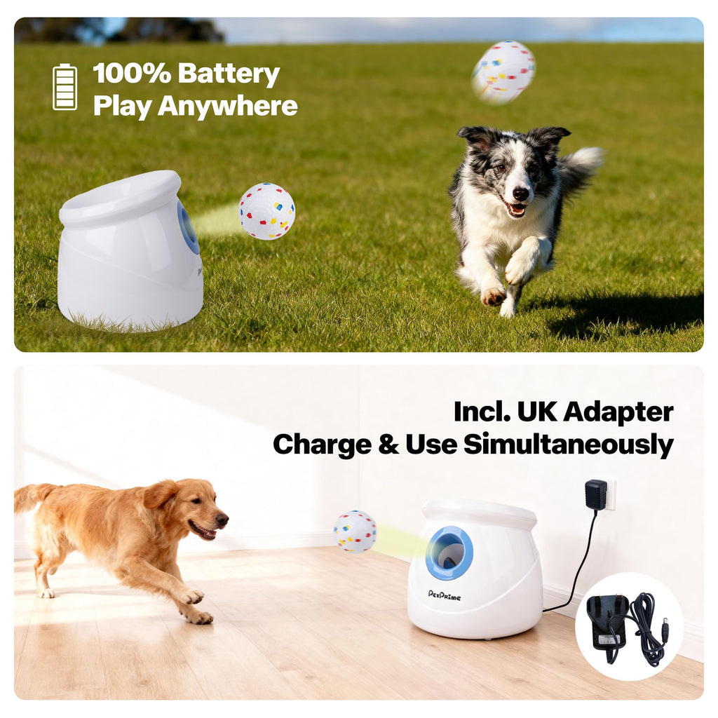 Pet Prime Automatic Dog Ball Launcher for Large Breed, Rechargeable Interactive Ball Thrower Toy with 10-40Ft, Fetch Machine with 6 Durable 2.5" Tennis Balls & Dog Whistle