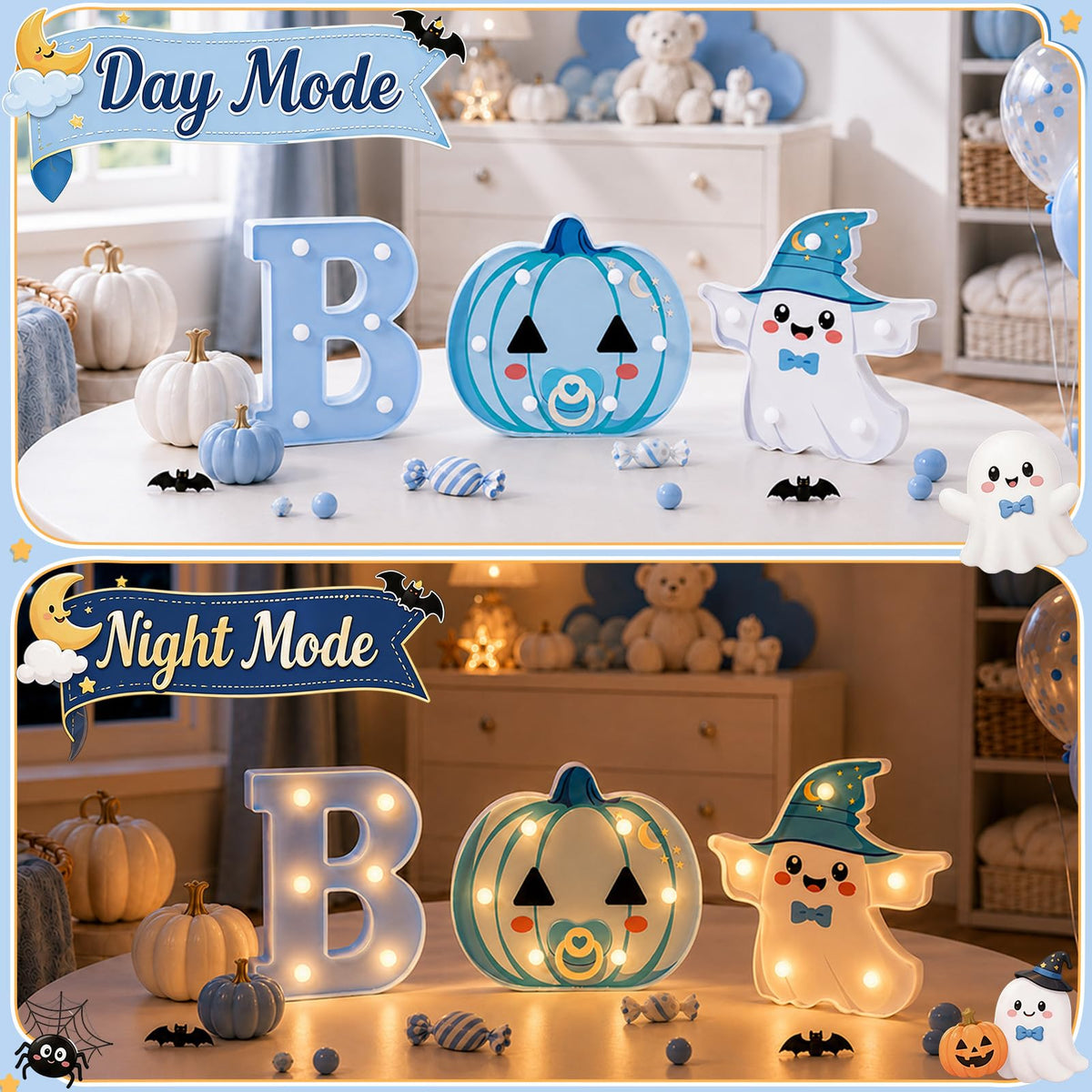 3 Pack 6.5 In Halloween Cute BOO Pumpkin Ghost Light up Letters Sign
