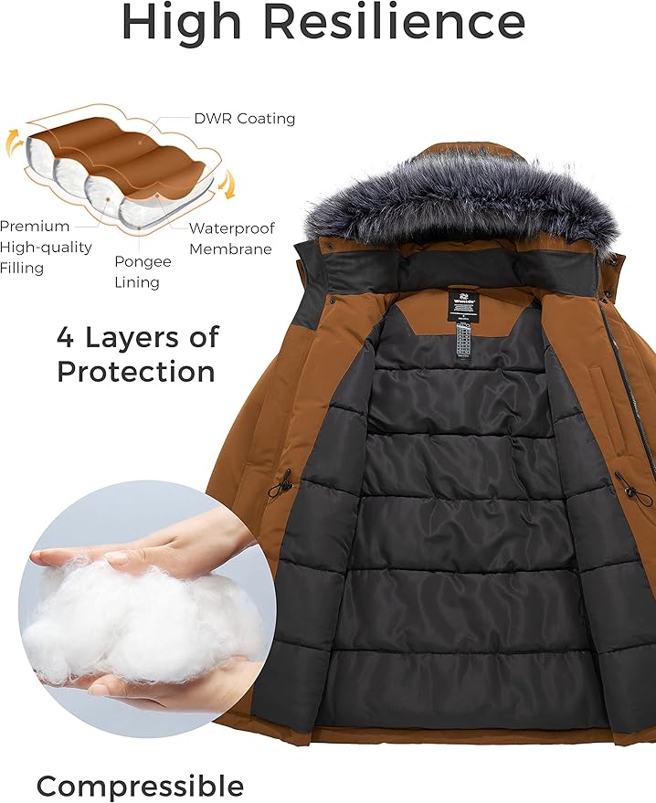 Mens Long Puffer Jacket Winter Windproof Padded Coat Brown Size S Wantdo