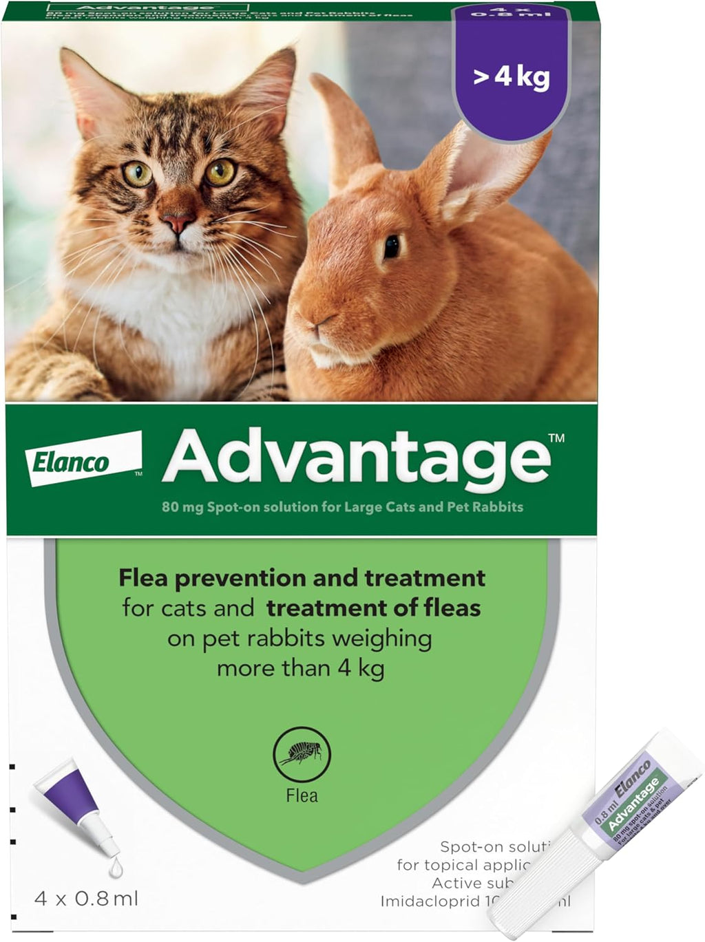 Advantage Spot On Flea Treatment, 4 Pack, Large Cats & Rabbits 4kg+, 80mg | Large cat and rabbit flea drops, Kills fleas within 24 hours, Protects for 4 weeks, Easy to apply, Monthly prevention