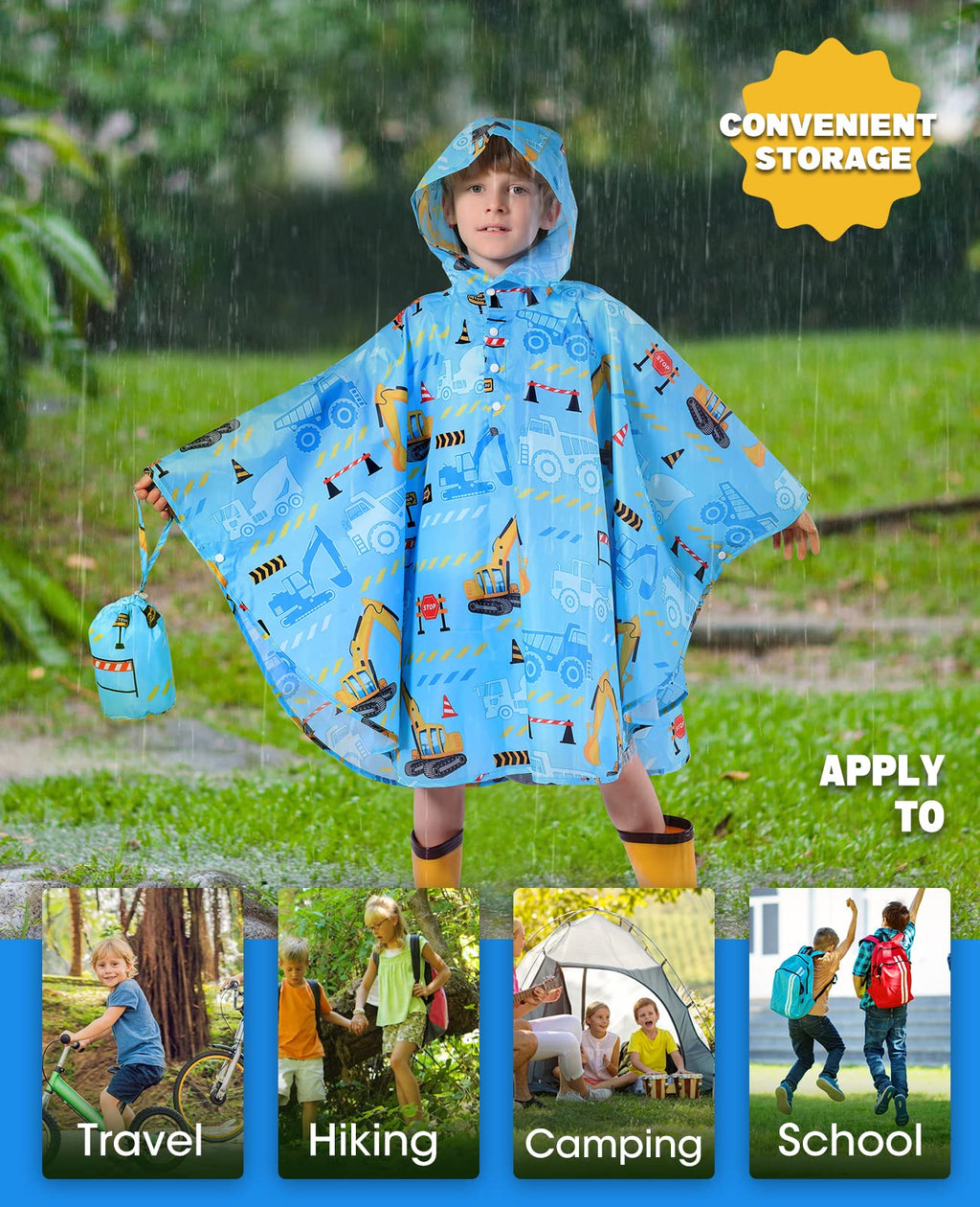 WAWSAM Kids Rain Poncho Waterproof Boys Girls Portable Raincoat Rain Jacket Lightweight Rainwear