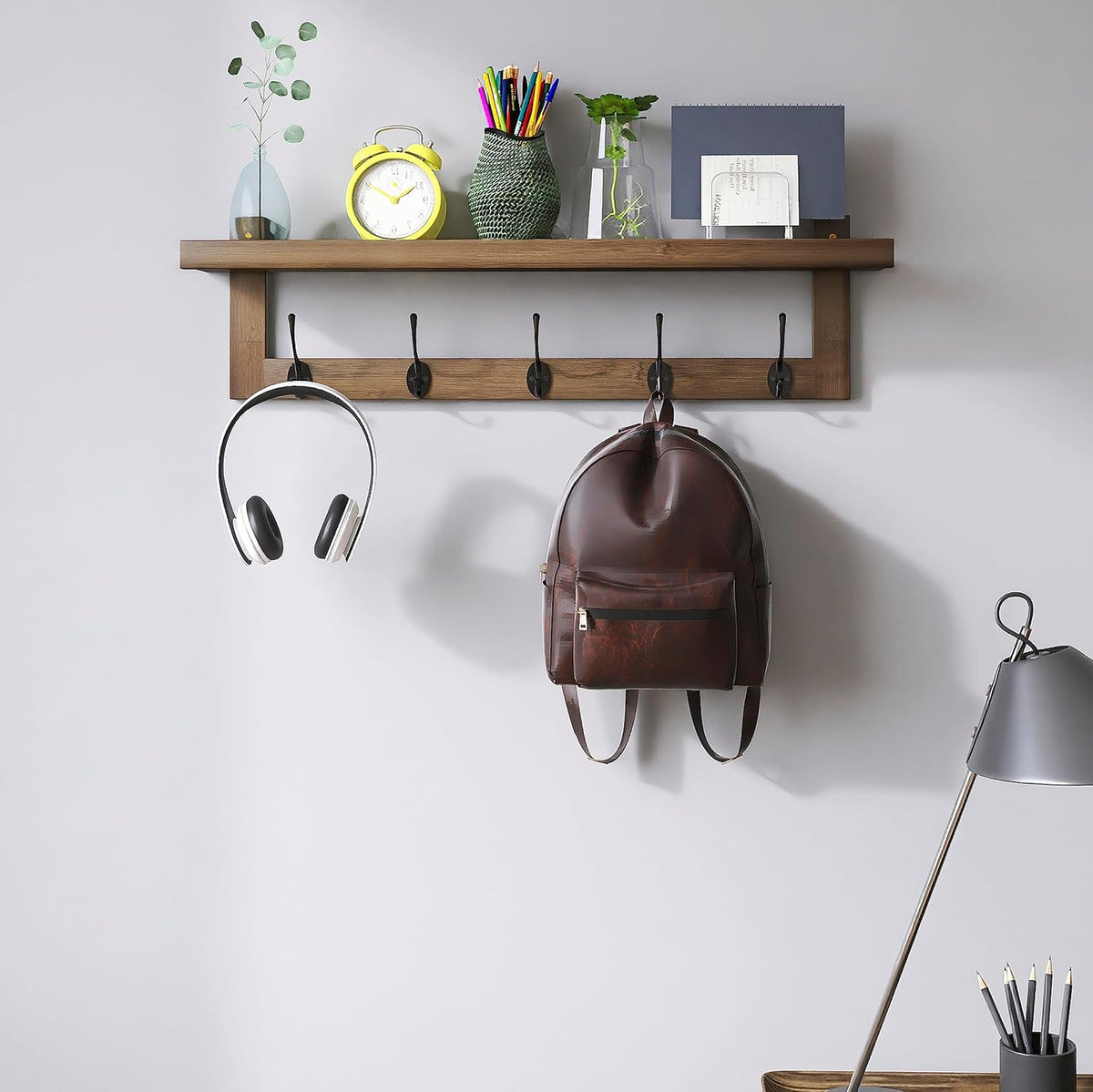 Coat Rack Wall Mounted Shelf 74cm Bamboo 5 Double Hooks Storage Walnut SMIBUY
