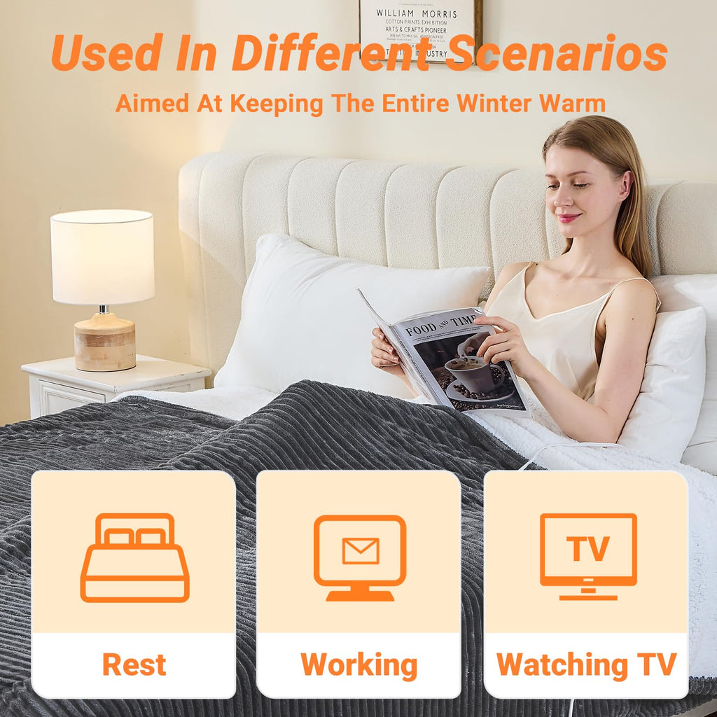 Heated Blanket Throw 130×160cm Electric Blanket, 10 Heating Settings, 1-8h Timer overheat Protection, Machine Washable, Flannel & Sherpa Full Body Warming, Electric Throw Blanket for Sofa