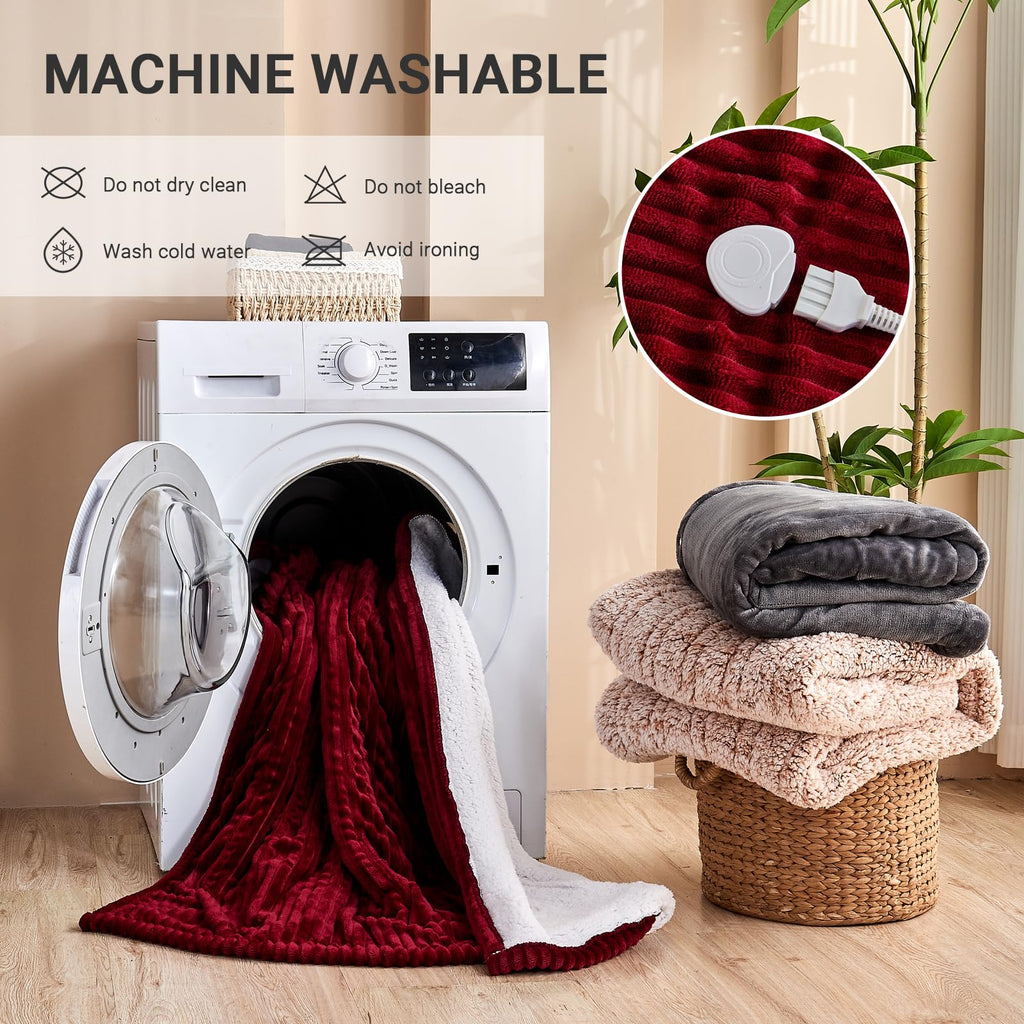 Heated Blanket Throw 130×160cm Electric Blanket, 10 Heating Settings, 1-8h Timer overheat Protection, Machine Washable, Flannel & Sherpa Full Body Warming, Electric Throw Blanket for Sofa