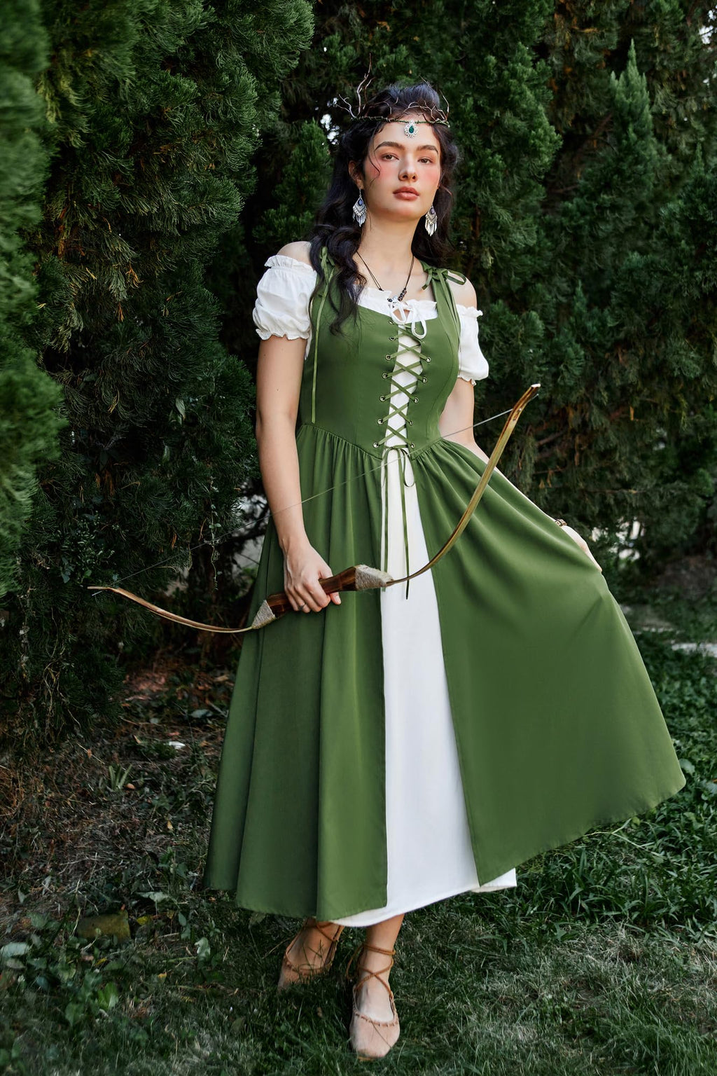 SCARLET DARKNESS Women 2Pcs Renaissance Maxi Dresses Off Shoulder Short Sleeve Lace-up Irish Costume with Over Dress