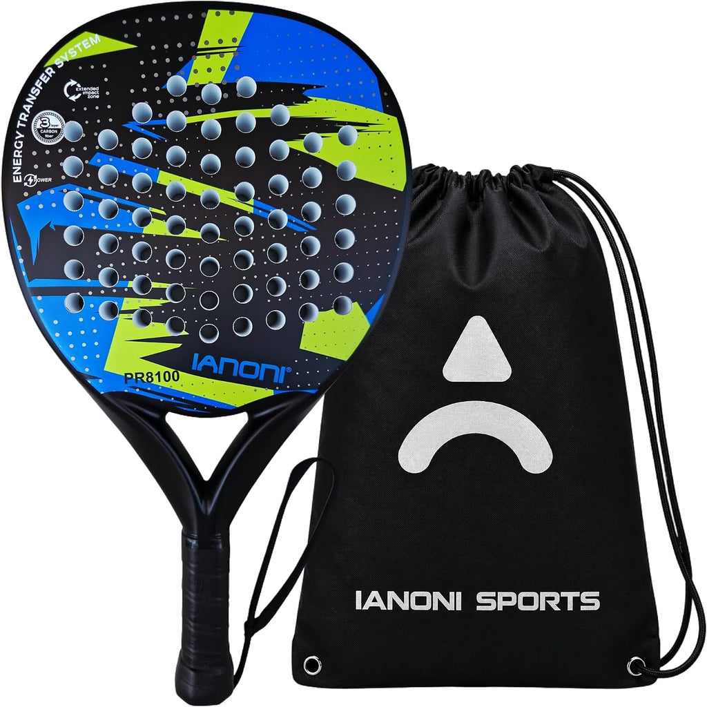 ianoni Padel Racket Carbon Fiber Surface with EVA Memory Flex Foam Core Paddle Tennis Racquets -8100-blue and green