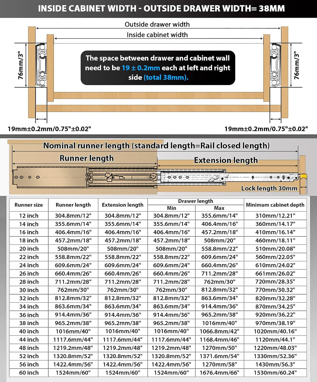 Heavy Duty Drawer Runners 450mm Locking Full Extension Slides 220kg 76mm Wide Pair