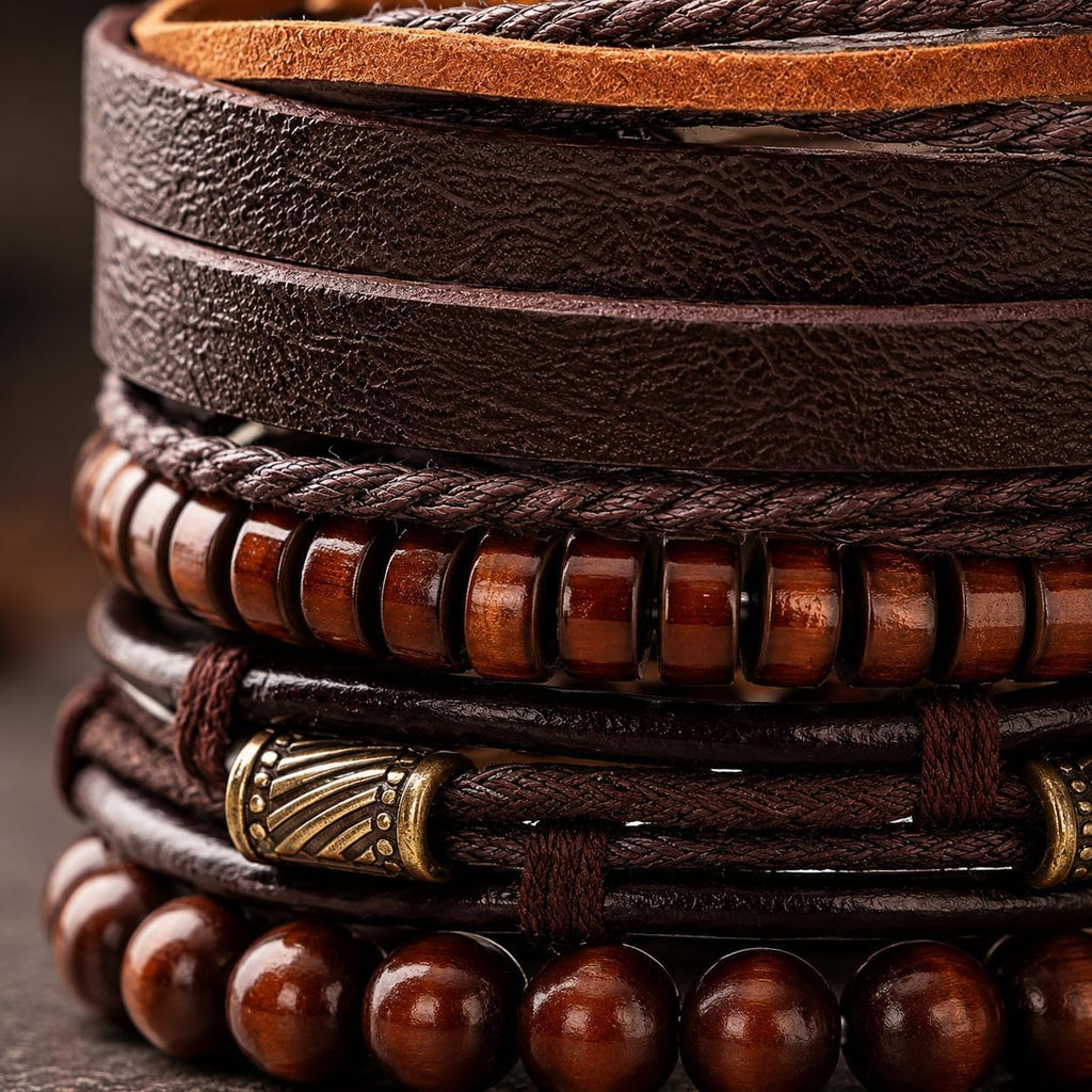Braided Leather And Wood Bead Bracelet Set for Men Women ，Beads Cuff Bracelet Hemp Cords Ethnic Tribal，Wristband Stackable Bracelets Set Adjustable，Fashion Jewelry， Daily Wear And Party, Gift for He