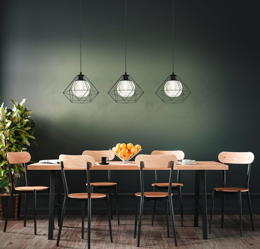 Pendant Light 3 Light Vintage Industrial Smoked Glass E27 Black Eglo Vernham