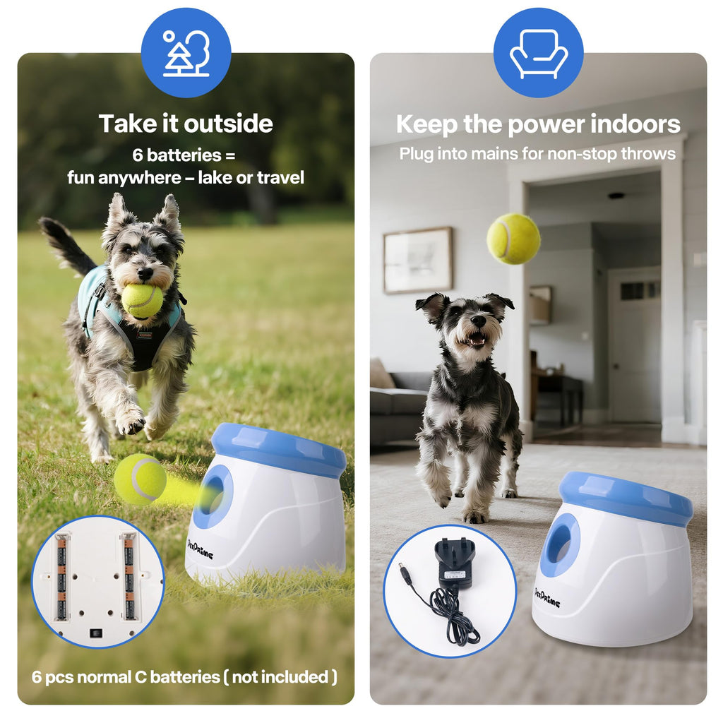 Pet Prime Automatic Dog Ball Launcher for Large Breed, Rechargeable Interactive Ball Thrower Toy with 10-40Ft, Fetch Machine with 6 Durable 2.5" Tennis Balls & Dog Whistle