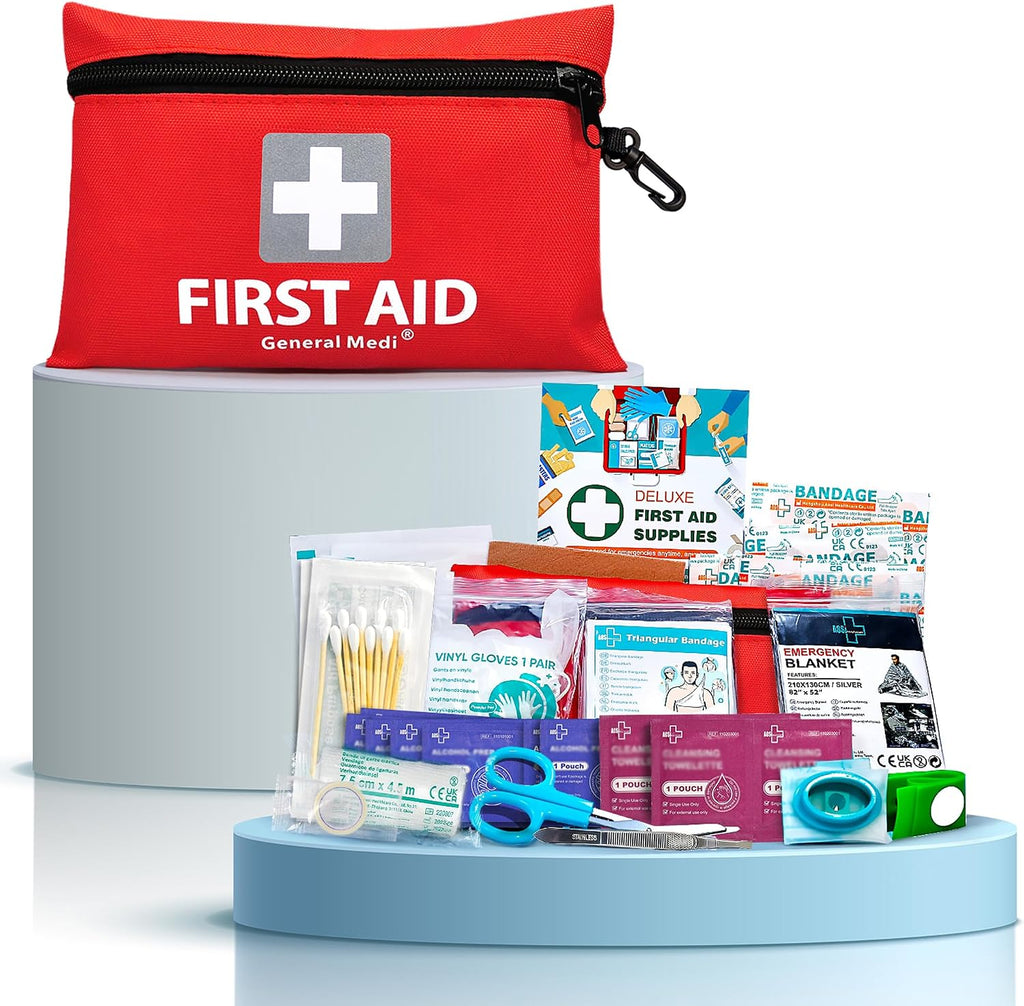 General Medi Mini First Aid Kit, 92 Pieces Small First Aid Kit - Includes Emergency Foil Blanket, Scissors for Travel, Home, Office, Vehicle, Camping, Workplace & Outdoor (Red)