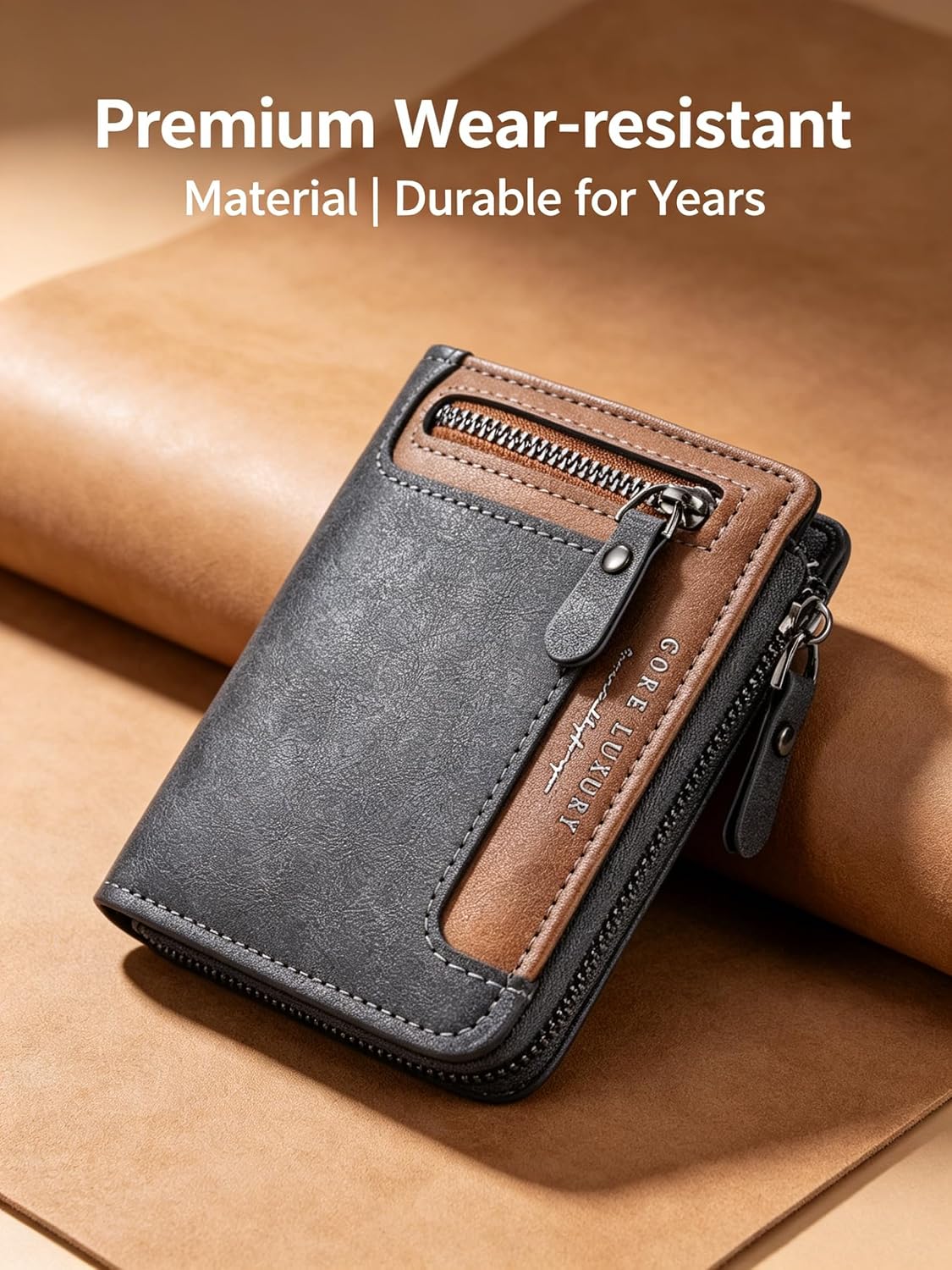 Mens Wallets Leather, Blue Men's Wallet with Zipper Closure, RFID Blocking, Coin Storage, 5 Card Slots & Window ID Display, Suitable for Daily Use & Work, Ideal Gift for Men Black