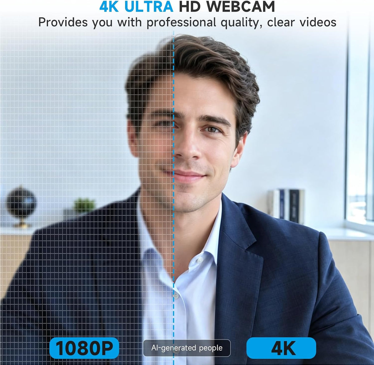 AOC Webcam for PC with Microphone, 4K Webcam Privacy Cover, Plug & Play