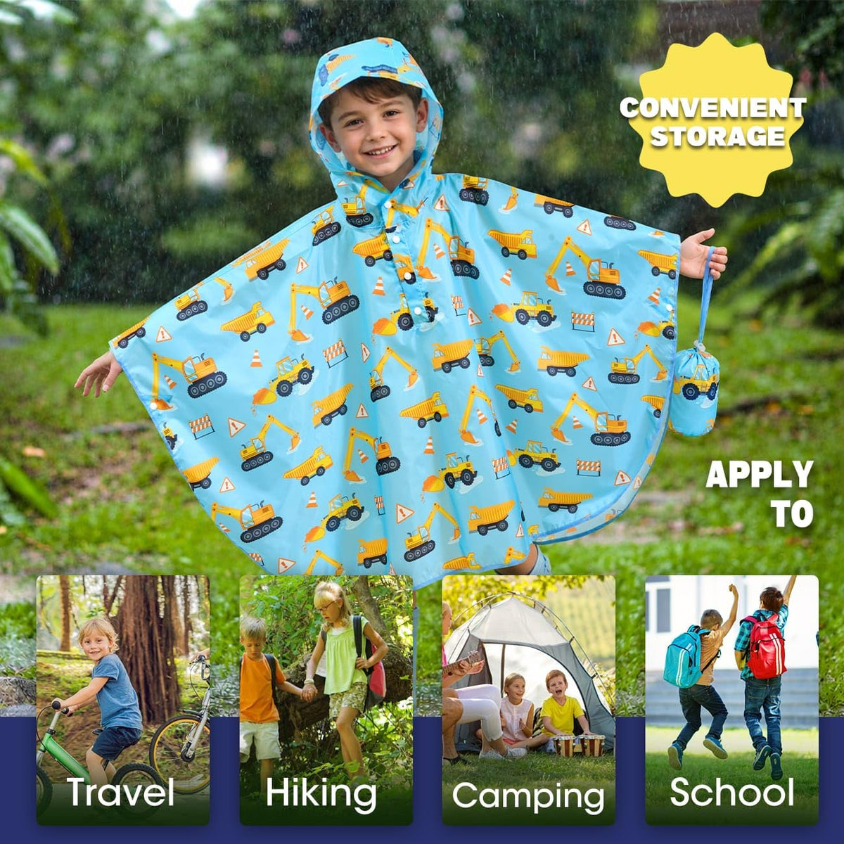 WAWSAM Kids Rain Poncho Waterproof Boys Girls Portable Raincoat Rain Jacket Lightweight Rainwear