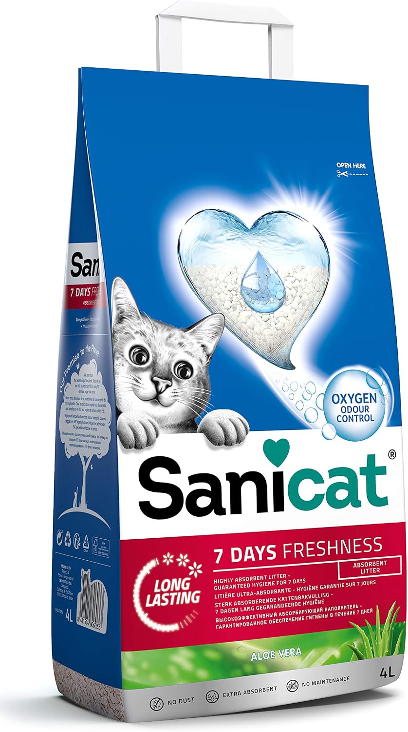 Sanicat - Classic cat litter with Aloe Vera | 7-day odour control | Fast absorption | product for your pet’s hygiene | Keep Your Home Clean | 4L capacity