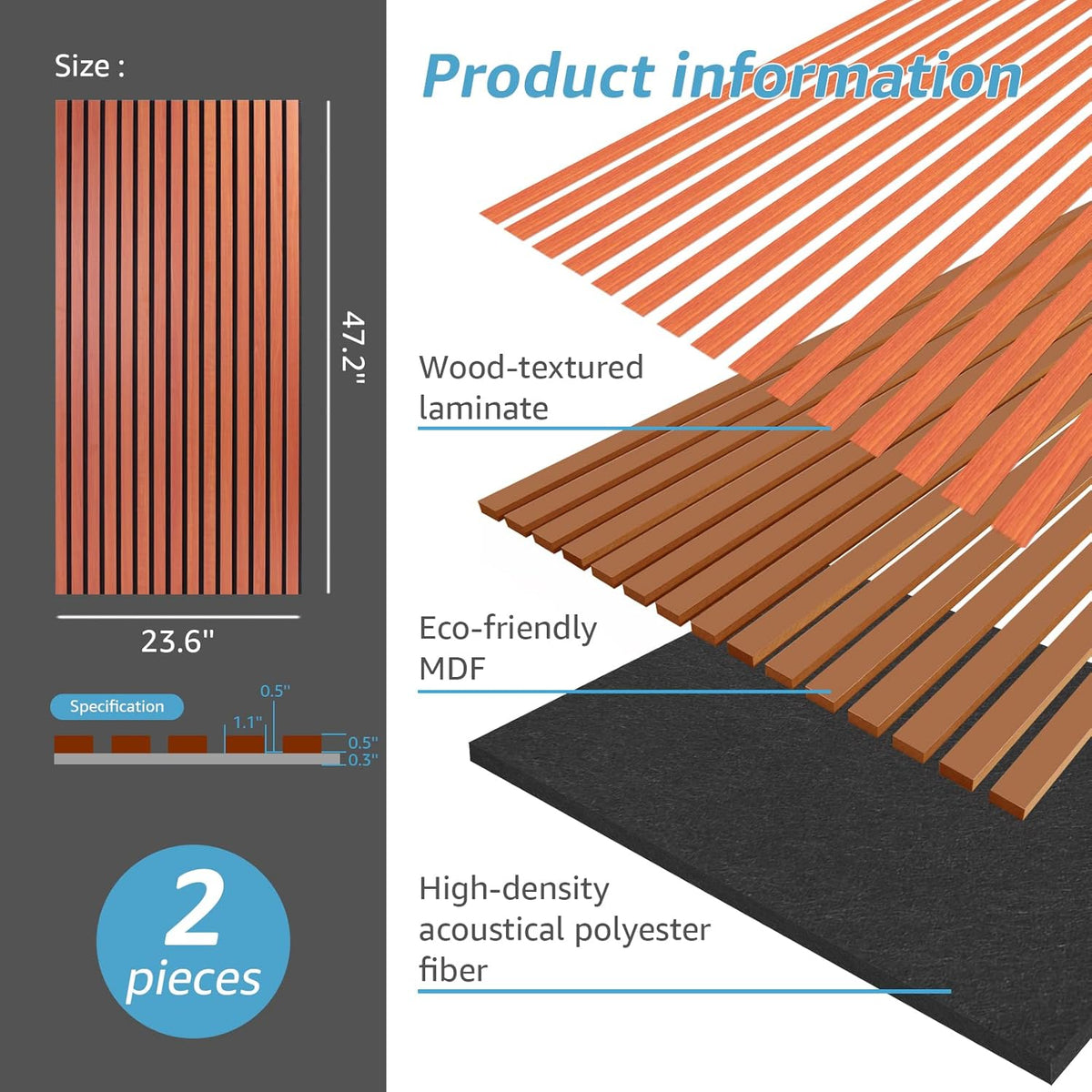 Acoustic Wall Panels 3D Slat Wood 2 Pack 120 x 60cm Cherry Sound Absorbing Art3d