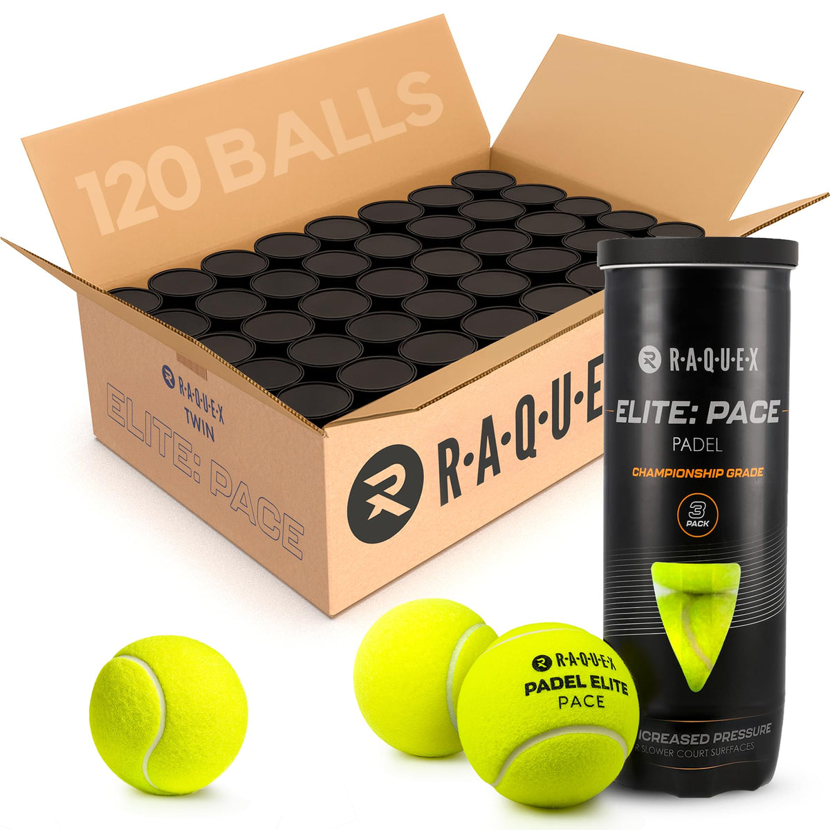 Raquex Elite Padel Balls - Standard or Pace - FIP Approved, 3 to 120 Balls