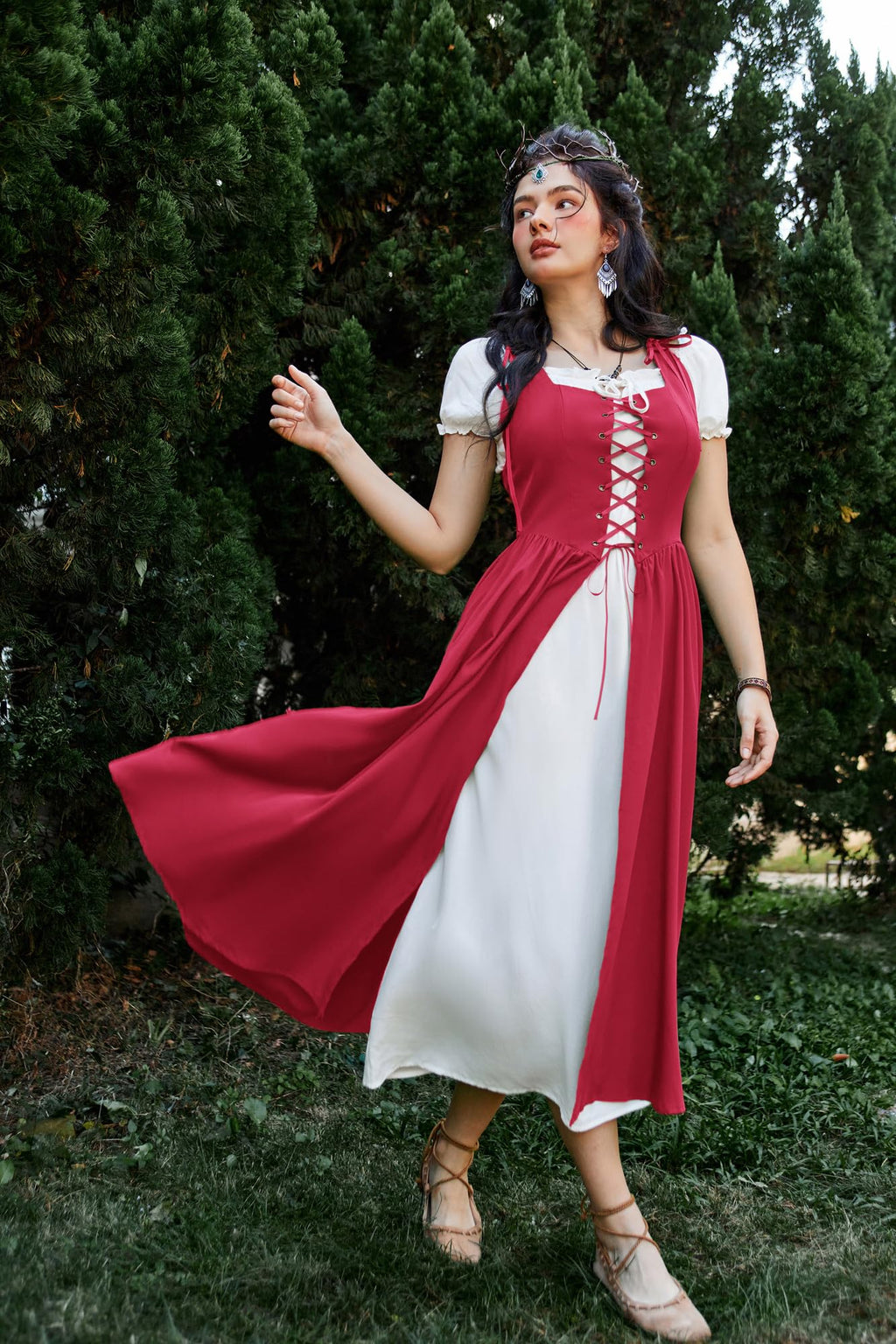 SCARLET DARKNESS Women 2Pcs Renaissance Maxi Dresses Off Shoulder Short Sleeve Lace-up Irish Costume with Over Dress