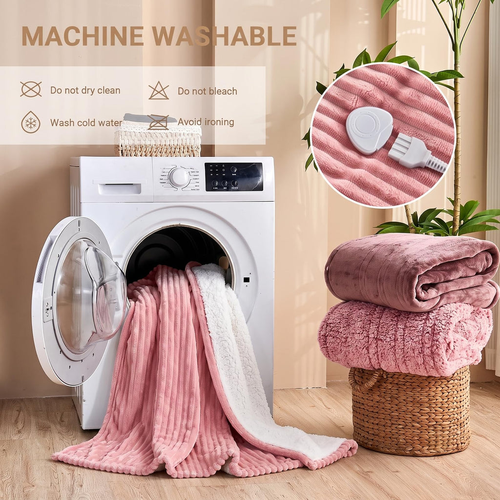 Heated Blanket Throw 130×160cm Electric Blanket, 10 Heating Settings, 1-8h Timer overheat Protection, Machine Washable, Flannel & Sherpa Full Body Warming, Electric Throw Blanket for Sofa