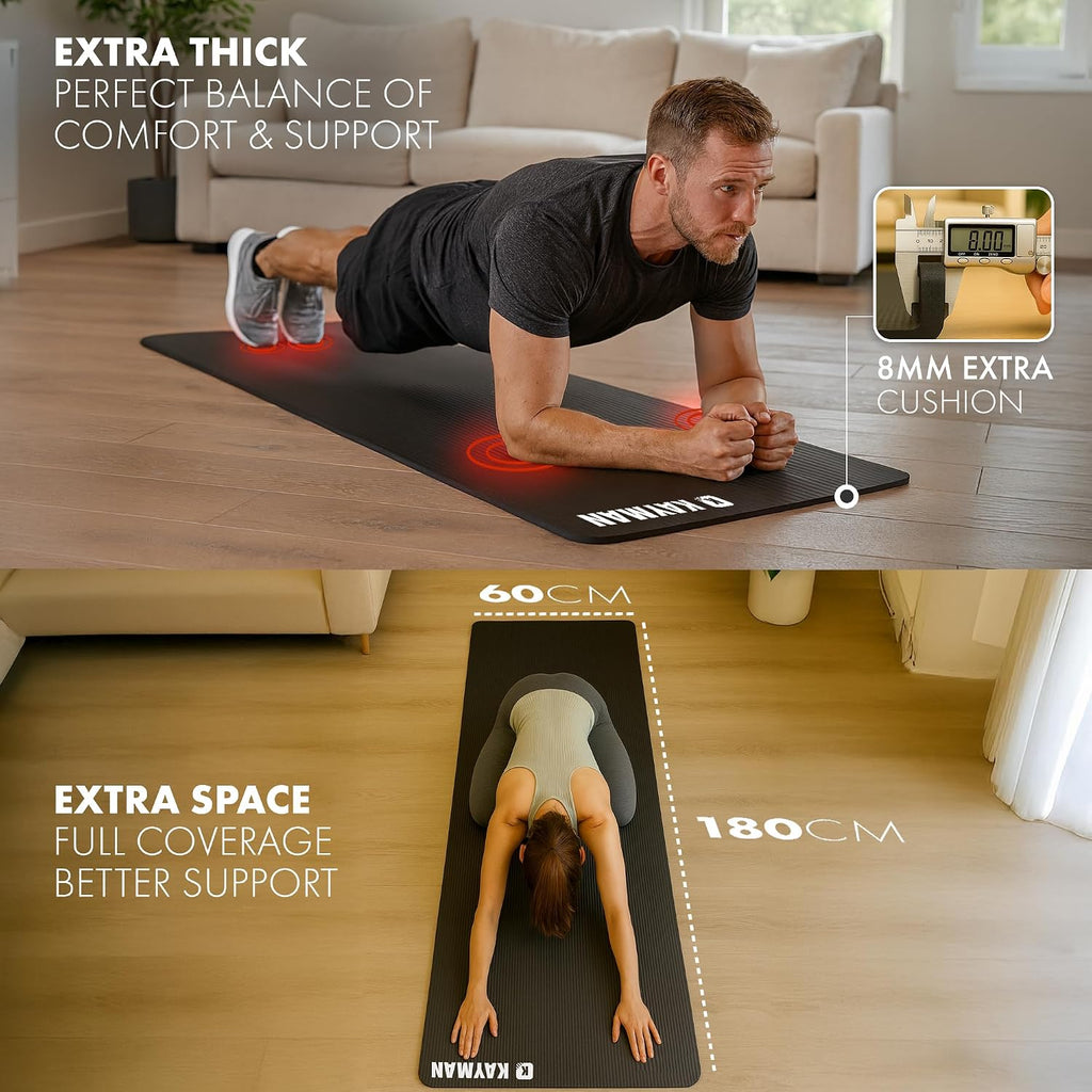 KAYMAN Yoga Mat - Non-Slip Extra Thick 8mm NBR Foam, Exercise Mat, 180x60cm
