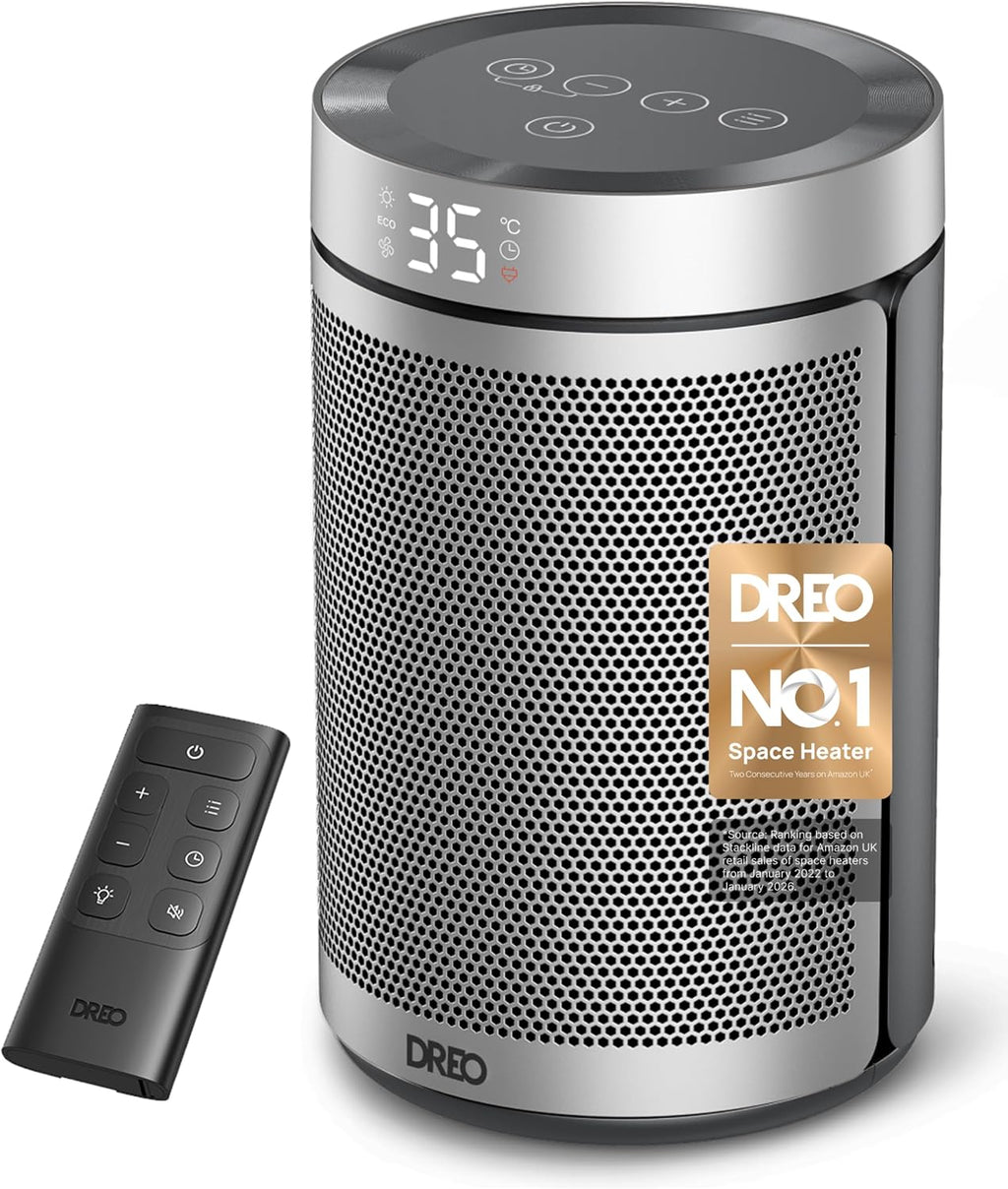 Dreo Electric Heater, 1500W Energy Efficient Space Silent Room Heater, Portable Ceramic Fan Heaters, Thermostat 3 Modes 12H Timer, Overheat & Tip Over Protection, for Bedroom, Atom 316, Silver