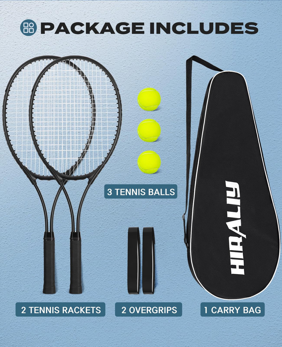 HIRALIY 27" Tennis Rackets Set of 2, 3 Tennis Balls, 2 Tennis Racquets, 2 Overgrip Tapes and 1 Carrying Bag Outdoor Recreational Sport Game