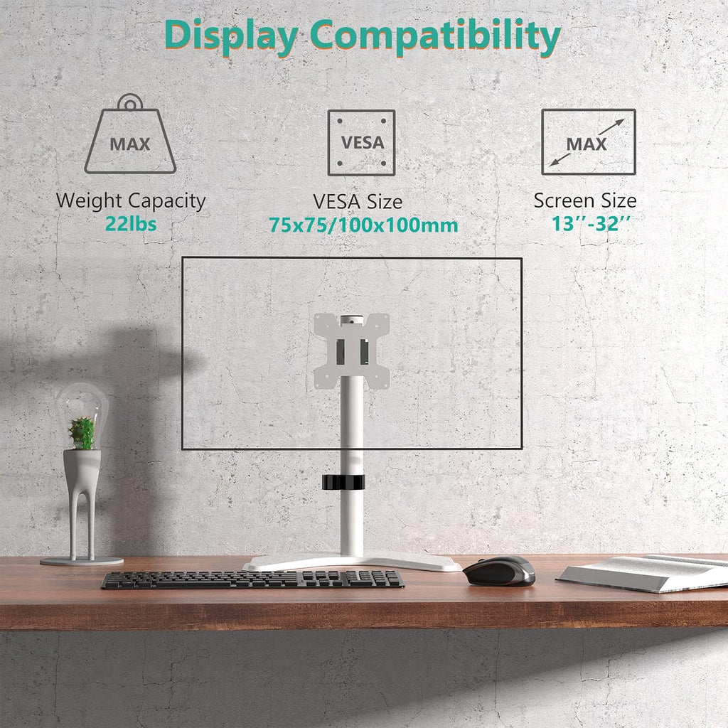 Single Monitor Stand 32 Inch Free Standing Adjustable VESA White WALI