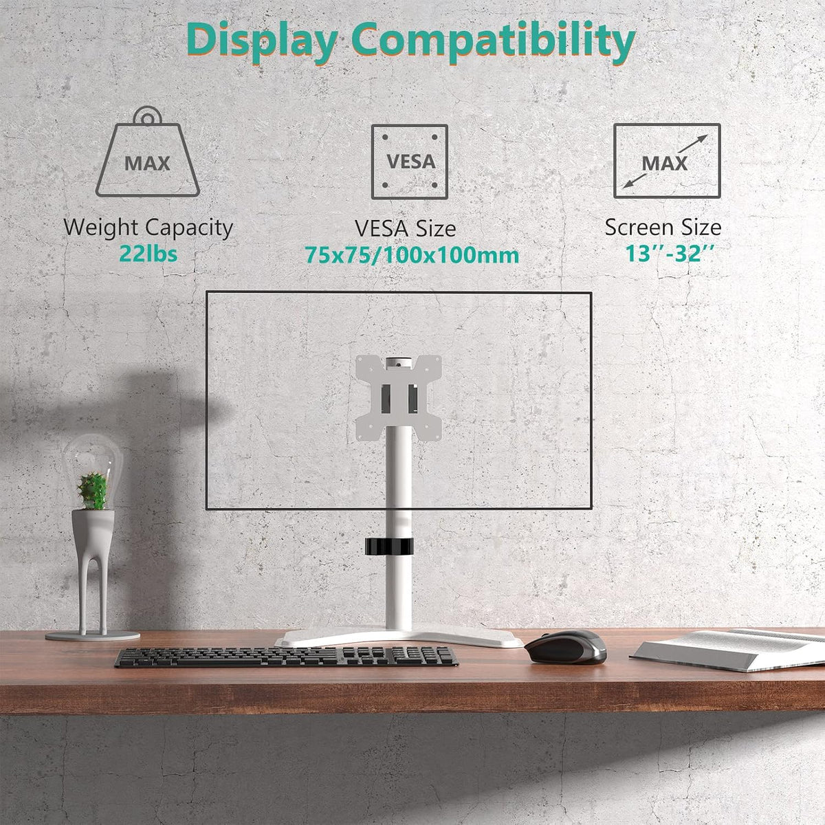 Single Monitor Stand 32 Inch Free Standing Adjustable VESA White WALI