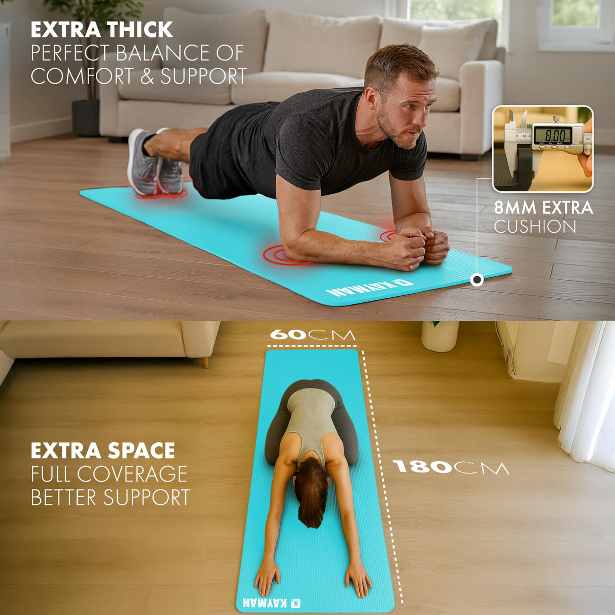 KAYMAN Yoga Mat - Non-Slip Extra Thick 8mm NBR Foam, Exercise Mat, 180x60cm