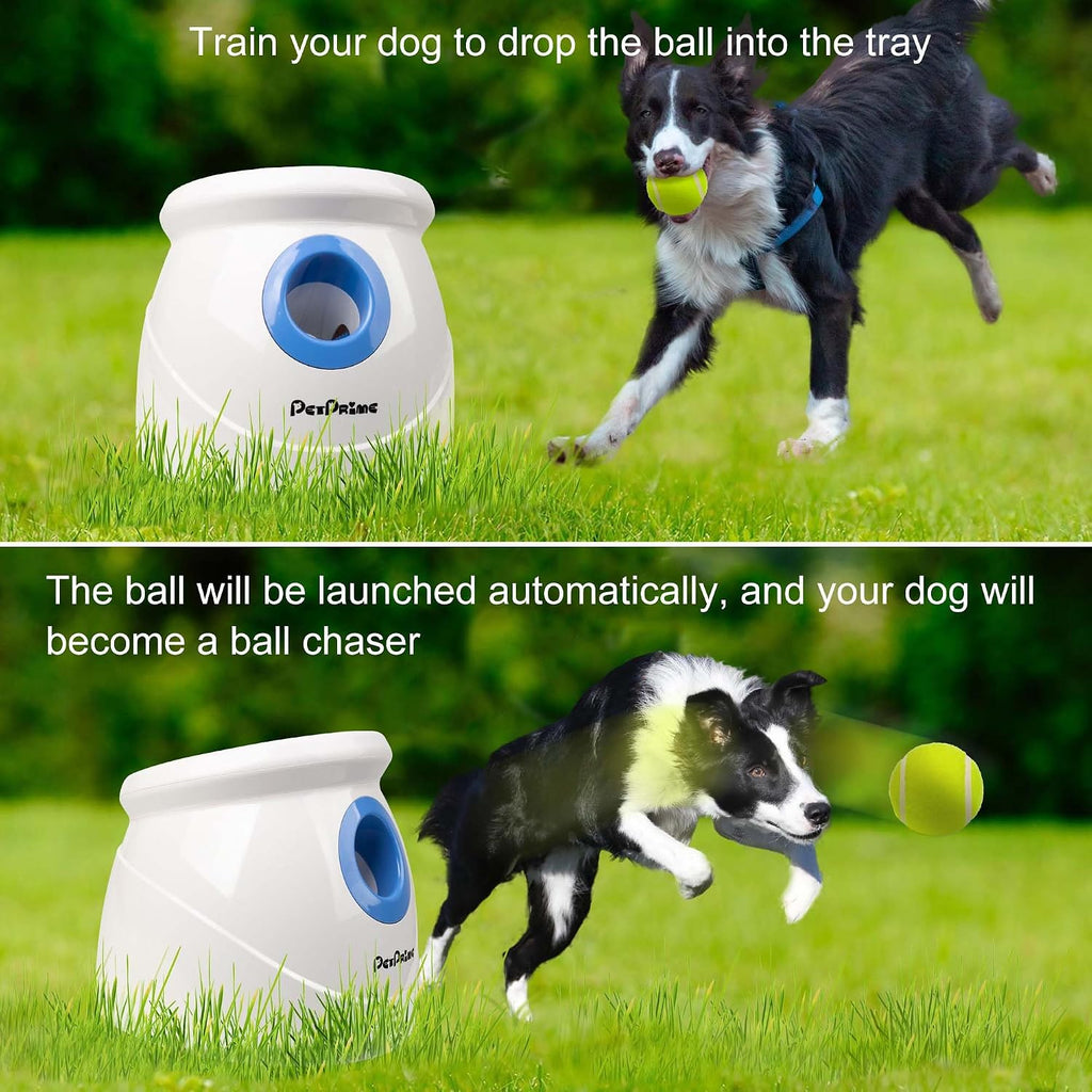Pet Prime Automatic Dog Ball Launcher for Large Breed, Rechargeable Interactive Ball Thrower Toy with 10-40Ft, Fetch Machine with 6 Durable 2.5" Tennis Balls & Dog Whistle