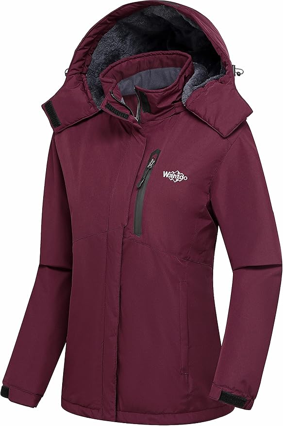 Wantdo Womens Ski Jacket Wine Red XL XXL Waterproof Fleece Lined Winter Coat