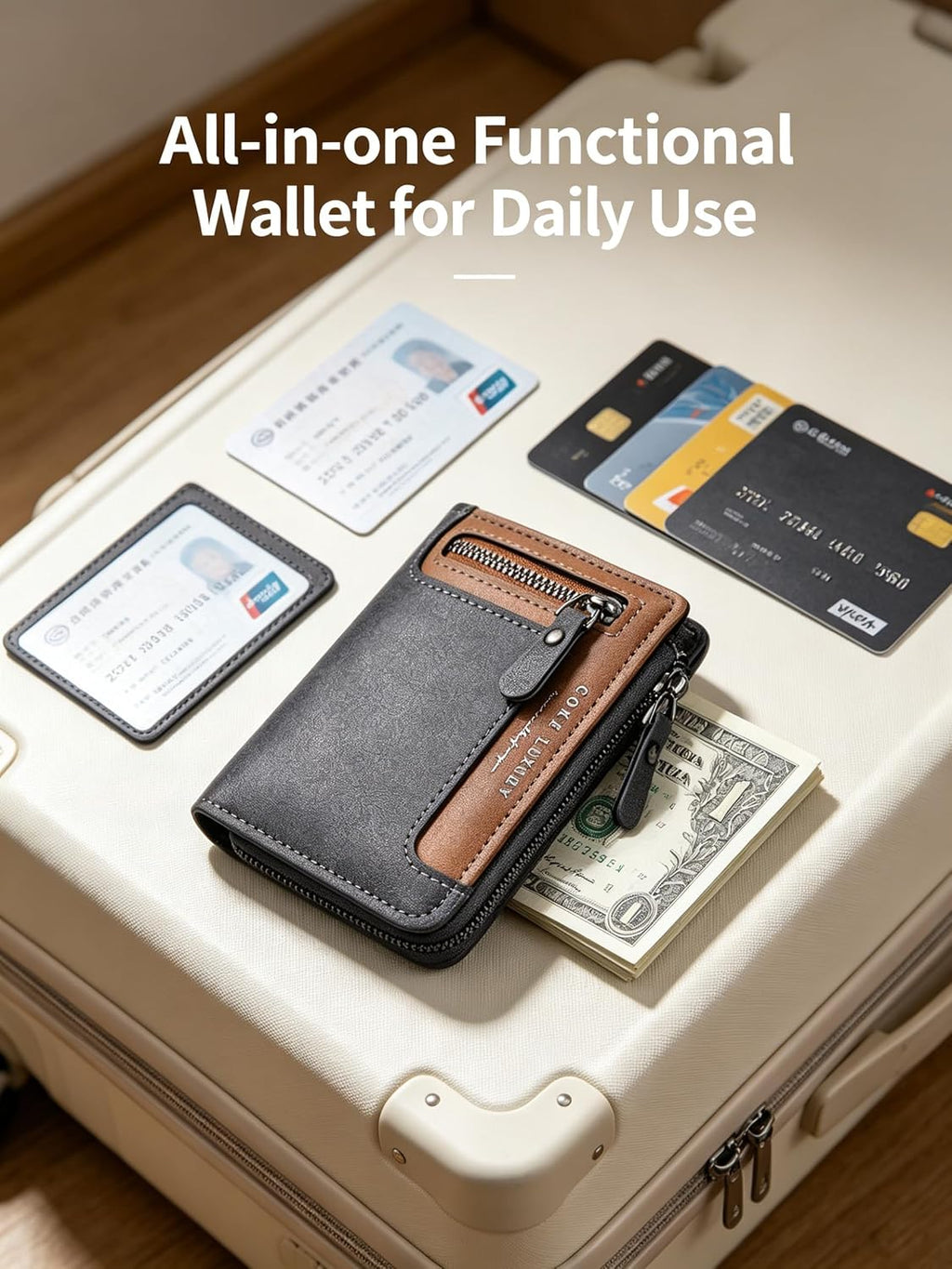 Mens Wallets Leather, Blue Men's Wallet with Zipper Closure, RFID Blocking, Coin Storage, 5 Card Slots & Window ID Display, Suitable for Daily Use & Work, Ideal Gift for Men Black