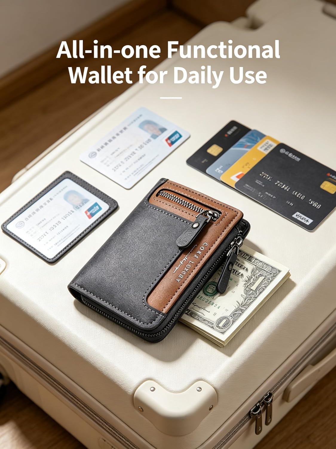 Mens Wallets Leather, Blue Men's Wallet with Zipper Closure, RFID Blocking, Coin Storage, 5 Card Slots & Window ID Display, Suitable for Daily Use & Work, Ideal Gift for Men Black